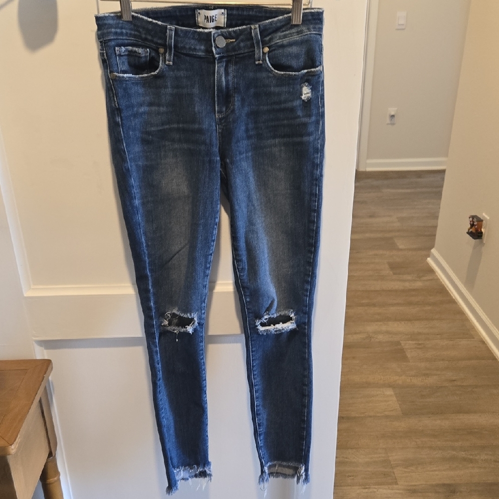PAIGE  Dark Blue Verdugo Ankle Distressed Skinny Jeans